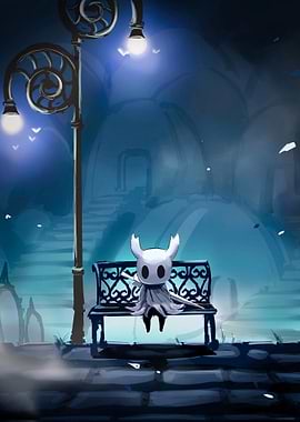 Hollow Knight on a bench