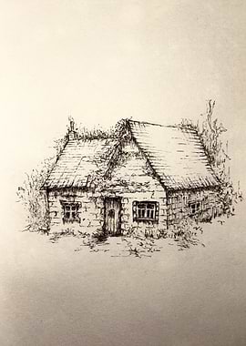 Ink Sketch of a Stone Cottage