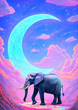 Elephant under crescent moon