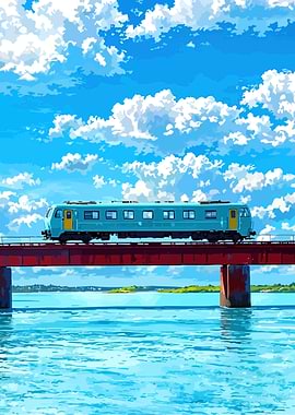 Train on Bridge Under Cloudy Sky