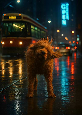 Dog Shaking in Rainy City Street