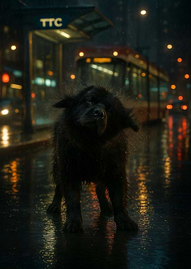 Dog Shaking Off Rain in City