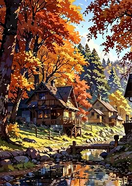 Autumn Village Landscape with River
