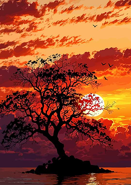 Silhouette Tree Sunset Landscape Art