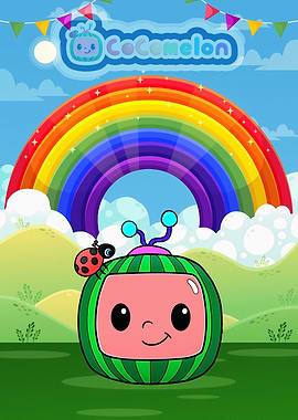 Cocomelon cartoon with rainbow background