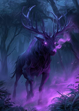 Mystical Purple Deer in Dark Forest