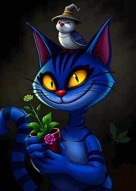 Blue Cat with Bird and Plant