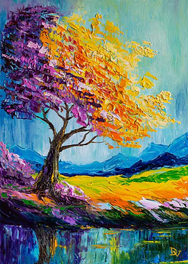 Colorful Tree Landscape Oil Painting
