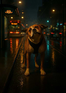 Dog Shaking off Rain in City