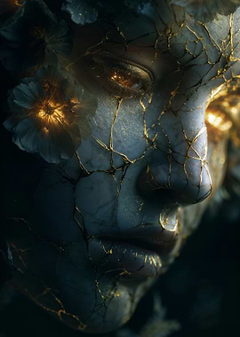 Cracked Marble Face with Golden Veins