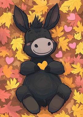 Cute Donkey in Autumn Leaves