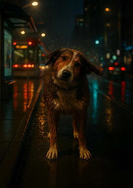 Dog Shaking Off Rain in City