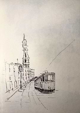 Cityscape with Tram and Tower Sketch
