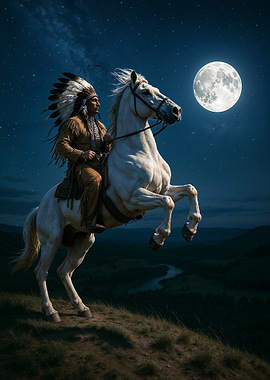 Native American on Horse Under Moonlight