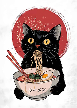 Black Cat Eating Ramen