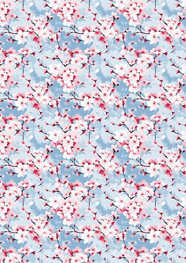 Cherry Blossom Pattern on Blue Background