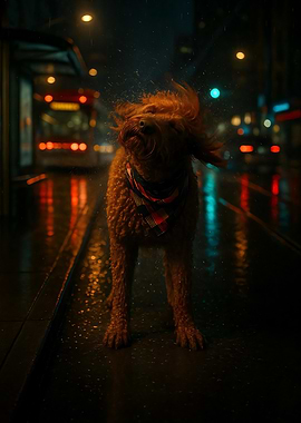 Dog Shaking Off Water in City