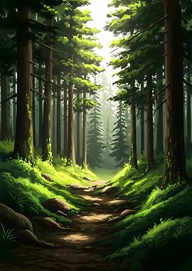 Sunlit Path Through a Dense Forest
