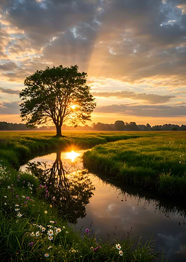Sunset over a field with tree