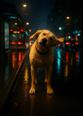 Dog shaking off rain in city