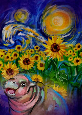 Hippo in Sunflower Field, Starry Night