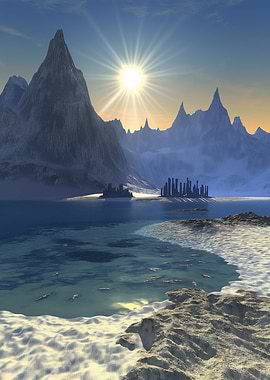 Mountainous Landscape with Water and Ruins