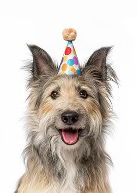 Happy Berger Picard Dog with Birthday Hat