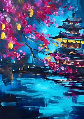 Neon Night in Japan – Pagoda, Sakura and Lanterns in Oil Painting Style