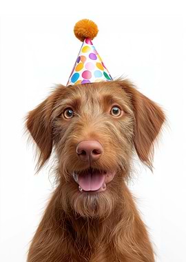 Wirehaired Vizsla Dog with Birthday Hat Portrait
