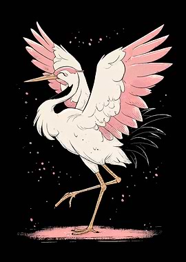 Dancing Pink and White Crane Illustration