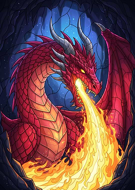Red Dragon Breathing Fire in Cave