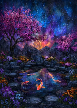 Koi Pond Under a Starry Sky