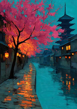 Kyoto Night Stroll – Sakura, Lanterns and Pagoda in Oil Painting Style