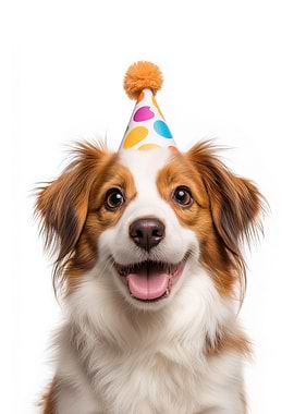 Happy Kooikerhondje Dog with Birthday Hat
