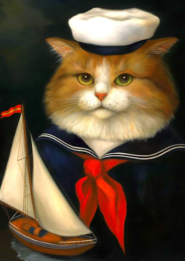 Cat Sailor with Sailboat Painting