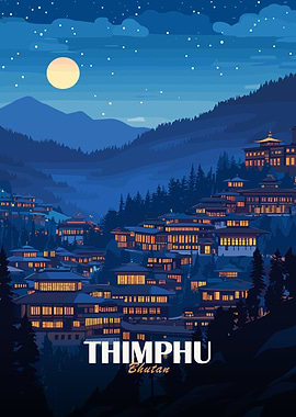 Thimphu, Bhutan Nightscape Illustration
