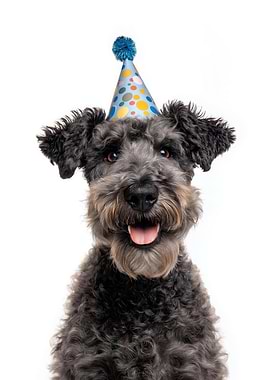 Kerry Blue Terrier Dog with Birthday Hat Portrait