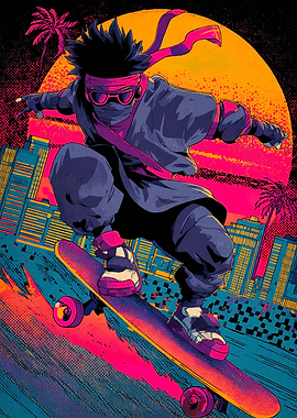 Skateboarding Ninja in Neon Cityscape