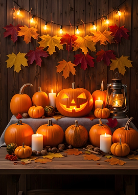 Halloween Pumpkins and Autumn Leaves Still Life