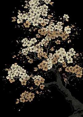 Golden Cherry Blossom Tree on Black