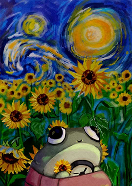Frog in Sunflower Field, Starry Night