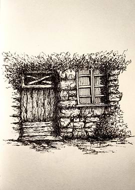 Old Stone Building Ink Drawing