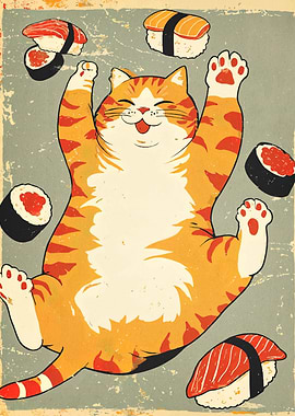 Happy Cat with Sushi Illustration