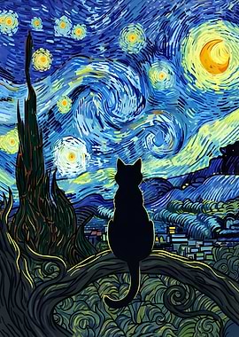 Cat in Starry Night Style