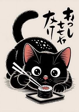 Black Cat with Sushi and Chopsticks
