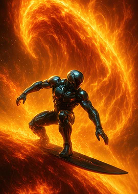 Futuristic Surfer on Lava Wave