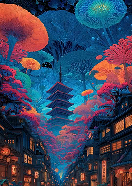 Japanese Pagoda and Street Scene