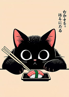 Black Cat with Sushi Digital Art