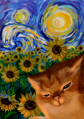 Cat in Starry Night Sunflower Field