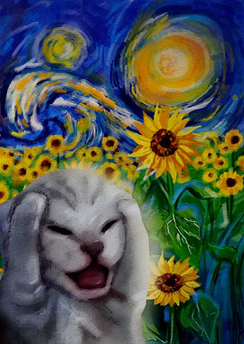 Distressed Cat in Van Gogh Landscape